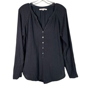 Xirena Hemingway Black Muslin Cotton Gauze Knit Long Sleeve Henley Button Top S